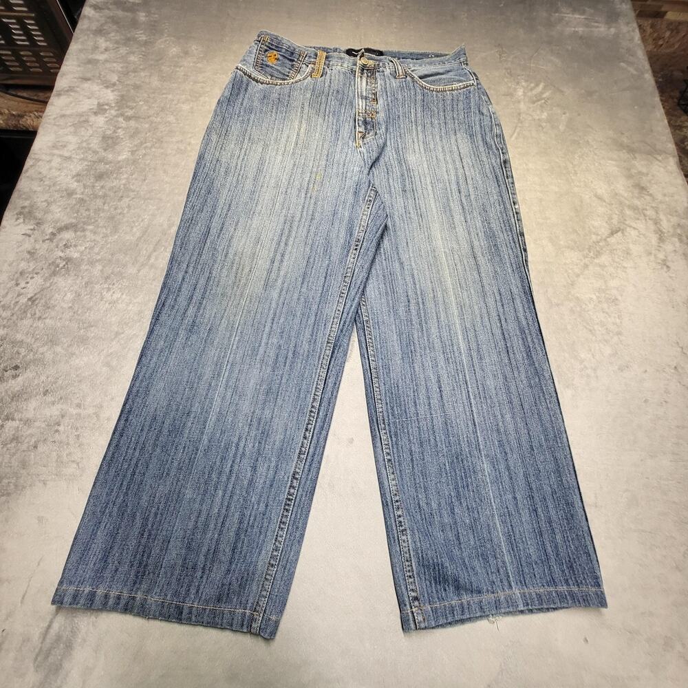 Rocawear Jeans Mens 34x26 Blue Relaxed Wide-Leg Light Wash Pockets Logo